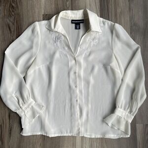 Vintage Norton Mcnaughton Cream Long Sleeve Button Up Blouse Embroidered Sheer 8
